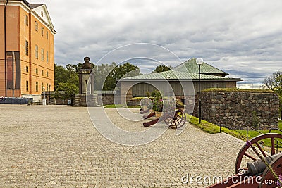 Beautiful view of ancient cannons at famous Uppsala Castle Park. Sweden. Editorial Stock Photo
