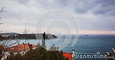 Beautiful view of the ancient city, the island and the sea on which the ship sails. Rovinj, Istria, Croatia Stock Photo