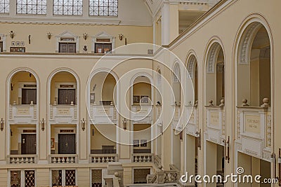 Beautiful view of architectural details of inner yard of the main university building of Debrecen Editorial Stock Photo