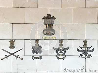 A beautiful view of ashok chakra in inidan war memorial in New Delhi with symbol of all three forces Editorial Stock Photo