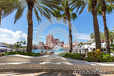 Beautiful view of Bahamas with yacht, palms and luxury hotel Stock Photo