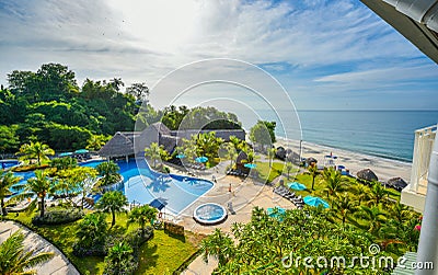 Beautiful view from the balcony to the beach and sea at a Beach resort. Stock Photo