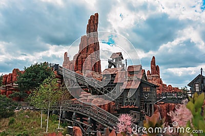 Beautiful view of the Big Thunder Mountain Attraction Rollercoaster from a side in Disneyland, Paris Editorial Stock Photo