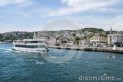 Beautiful View of Bosphorus Coastline in Istanbul with Exquisite wooden Houses and Boat Editorial Stock Photo