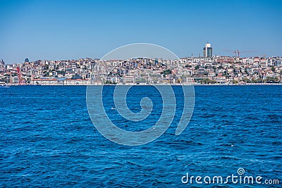 Beautiful view of Bosphorus strait with lots of building at the bank of European side, View from Uskudar, Istanbul, Turkey, on the Stock Photo