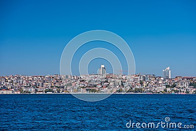 Beautiful view of Bosphorus strait with lots of building at the bank of European side, View from Uskudar, Istanbul, Turkey, on the Stock Photo