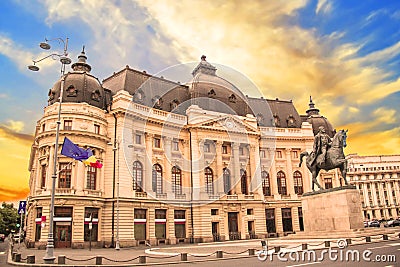 Beautiful view of the building of the Central University Library with equestrian monument to King Karol I in Bucharest, Romania Stock Photo