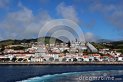 Beautiful view of the capital of the island of Faial - Horta with ferry Stock Photo
