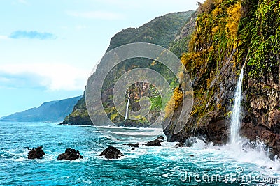 Beautiful view of Cascata do Veu da Noiva waterfall near Porto Moniz and Seixal. Madeira, Portugal Stock Photo