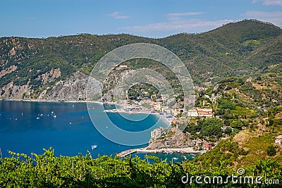 View of Monterosso al Mare from the Cinque Terre Trail. Stock Photo