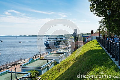 Kineshma, Russia, July 5, 2023. View of the pier on the river from the hill. Editorial Stock Photo