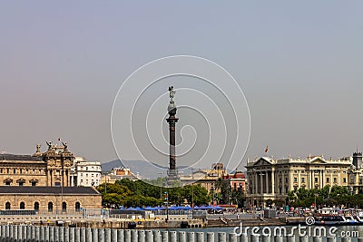 Beautiful view of the Colon Monument in Port Vell, old harbor of Barcelona, Spain Editorial Stock Photo