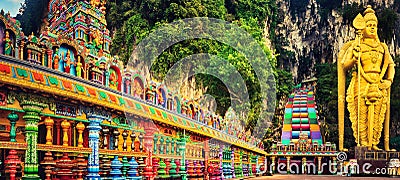 Colorful stairs of Batu caves, Malaysia. Panorama Stock Photo