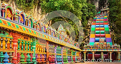 Colorful stairs of Batu caves, Malaysia. Panorama Stock Photo