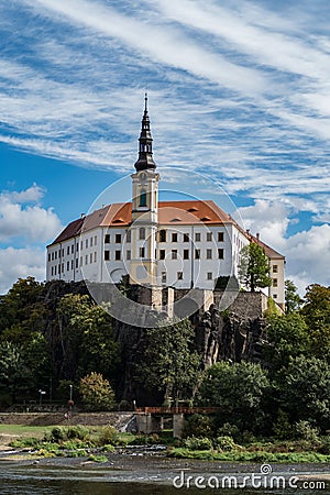 Beautiful view of decin city from pastyrska stena rock Stock Photo