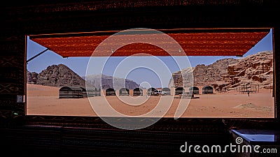 Beautiful view of desert. Tourist tents in Wadi Rum Stock Photo