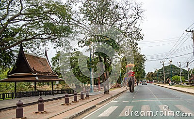 Elephants walking on the streets of Ayutthaya, Thailand. Editorial Stock Photo