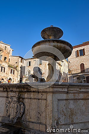Beautiful view of famous Piazza del Comune with historic fountain figuring three lions and ancient palaces Stock Photo
