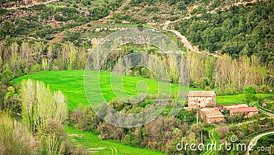 Beautiful view fields and rural home. Cardona, Spain. Single Farm house in a rural area Stock Photo