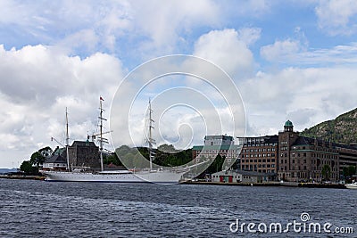 Beautiful view of floating boats and the historical buildings of Bergen, Norway Editorial Stock Photo
