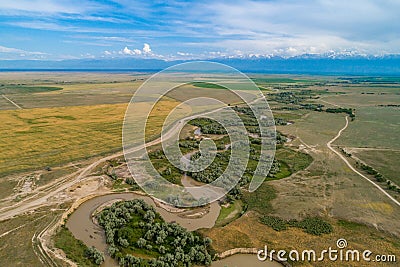 A beautiful view of the forest, fields and river from above. Drone photography of the city Stock Photo