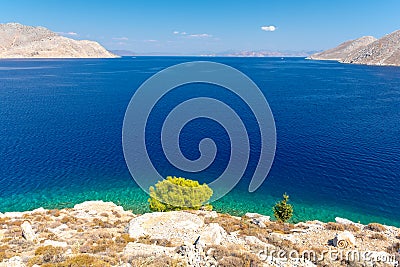 Amazing view on azure aegean sea from symi island, Dodecanese, Greece Stock Photo