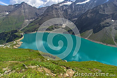 Beautiful view of high mountain lake near Kaprun.Hike to the Mooserboden dam in Austrian Alps.Quiet relaxation in nature.Wonderful Stock Photo