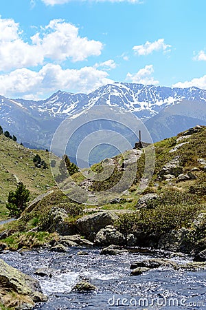 Beautiful view hiking in the Andorra Pyrenees Mountains in Ordino, near the Lakes of Tristaina Stock Photo