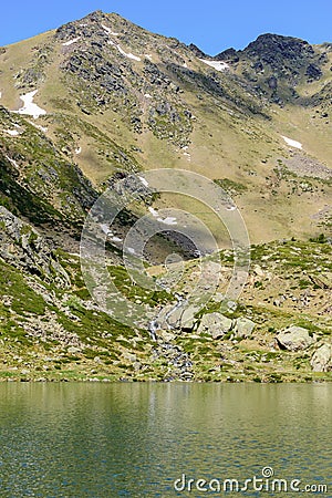 Beautiful view hiking in the Andorra Pyrenees Mountains in Ordino, near the Lakes of Tristaina Stock Photo