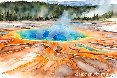 Watercolor illustration of the grand prismatic pool, Yellowstone National Park. Cartoon Illustration