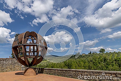 Beautiful view of the Uomo di Vinci (vitruvian man) and surroundings of the ancient Tuscan village of Vinci, Florence, Editorial Stock Photo