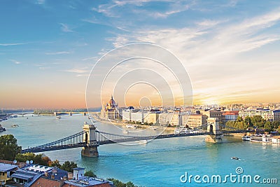 Beautiful view of the Hungarian Parliament and the chain bridge in the panorama of Budapest at night, Hungary Stock Photo