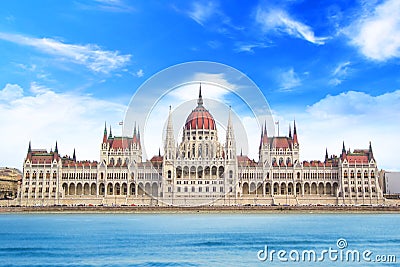 Beautiful view of the Hungarian Parliament on the Danube waterfront in Budapest, Hungary Stock Photo