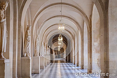 The beautiful view inside of the Empty Marble Hallway at Versaille Palace in France Stock Photo