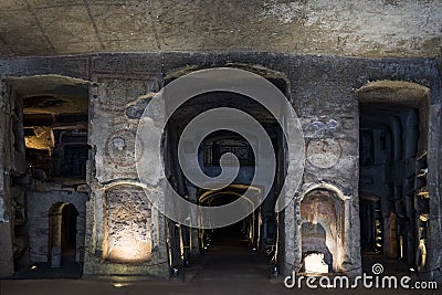 Beautiful view of the interior of Catacombs of San Gennaro, Rione Sanita in Naples, Italy Stock Photo