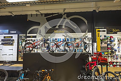 Beautiful view of interior of swedish bicycle store. Editorial Stock Photo