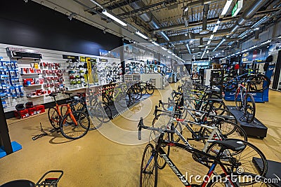 Beautiful view of interior of swedish bicycle store. Editorial Stock Photo