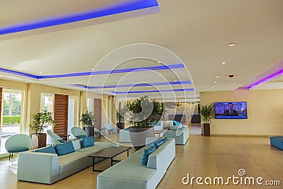 Beautiful view interior of Tamarijn hotel with open lobby. Aruba. Editorial Stock Photo