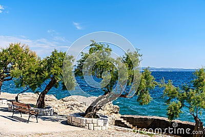 Beautiful view of the Jezinac beach at the foot of Marjan hill in Split, Croatia Stock Photo