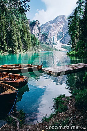 Beautiful view of Lago di Braies or Pragser wildsee, Italy. Stock Photo