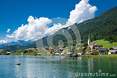 Beautiful view of the lake and the town of Weissensee, Austria Stock Photo