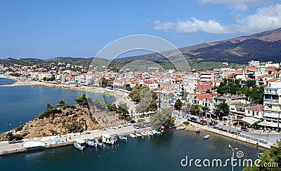 Beautiful view of Limenaria town by the sea on Thassos Editorial Stock Photo