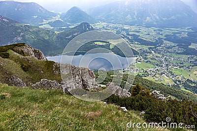 Beautiful view from Loser peak over Altaussee lake and Altaussee village in Dead Mountains Totes Gebirge Stock Photo