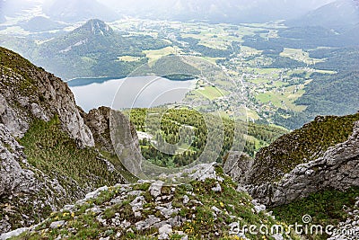 Beautiful view from Loser peak over Altaussee lake and Altaussee village in Dead Mountains Totes Gebirge Stock Photo