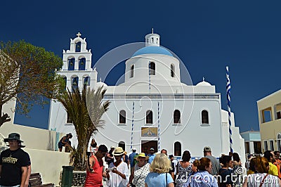 Beautiful View Of The Main Facade Of Panagia Church In Oia Santorini Island. Architecture, Landscapes, Travel, Cruises. Editorial Stock Photo