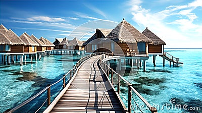 Beautiful view at Maldivas water villas with wooden walkway above the ocean water, connecting bungalows to island Stock Photo