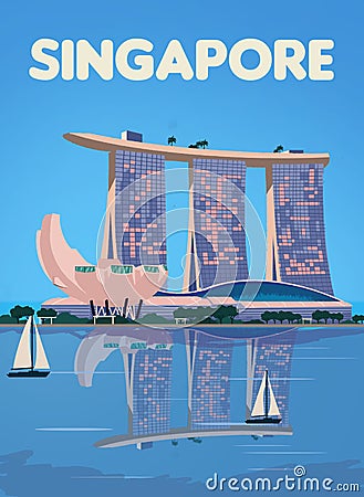 Beautiful view Marina bay Singapore ilustration travel poster Stock Photo