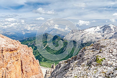 Beautiful view of Marmolada glasier and Pass Pordoi valley from Piz Boe mountain peak. Stock Photo