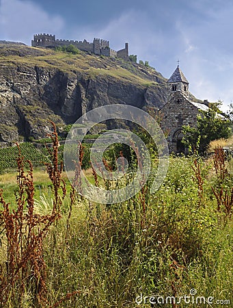 Beautiful view of medieval castle Valere and Tourbillon`s wall and stone chapel in vicinity, Sion, Valais Canton, Switzerland, Eu Stock Photo