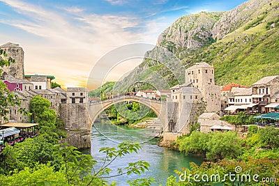Beautiful view of the medieval town of Mostar from the Old Bridge in Bosnia and Herzegovina Stock Photo
